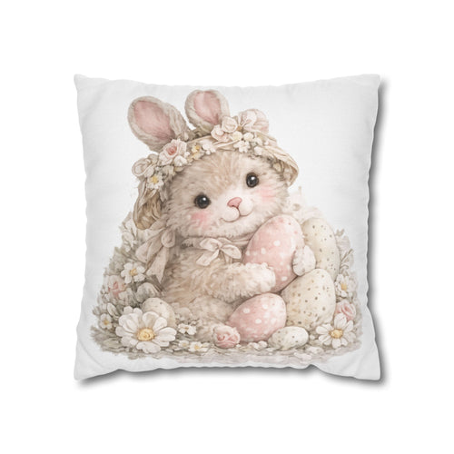 "Daisy" Petals & Promises Collection Pillowcase — Floral Bunny Holding Pastel Eggs Decorative Throw Pillow Cover